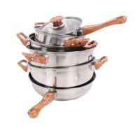 WPKD BLUEIY Set di pentole e padelle, modello venature del legno, set di pentole in acciaio inox con coperchi in vetro, manici ergonomici in plastica fenolica, pentole da cucina per zuppe, 10 pezzi