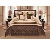 WPM WORLD PRODUCTS MART Jenin - Set completo di biancheria da letto, 7 pezzi, beige, marrone, oro, ricamo, lussuoso, set da letto in borsa Yasmen (Queen)