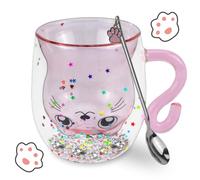 WPPQWP Bicchieri a doppia parete per gatti, 300 ml, con cucchiaio, regalo per amanti dei gatti/donne e bambini, con paillettes, tazza da caffè, regalo di compleanno (rosa, 300 ML)