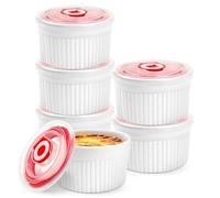WPPQWP Set di 4 pirottini in ceramica per crème brûlée, diametro 9 cm, 220 ml, con coperchio, adatti al forno, per budino, dessert, mini pirofile bianche, per la cottura in cucina (bianco, Ø 9 cm, 6