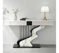 WPWSDWMX Consolle Ingresso Mobile Dietro Divano Lungo e Stretto con due Cassetti, Piano in Ardesia e Base Decorativa in Acciaio al Carbonio(Black,140cm/55in)