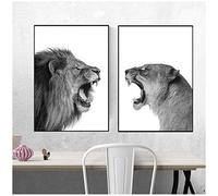 WQFairy Quadro su Tela Stampa Leone e leonessa Poster su Tela Nero Bianco Bosco Animali Nursery Quadro su Tela per Soggiorno (2 Pezzi 50x70 cm Senza Cornice)