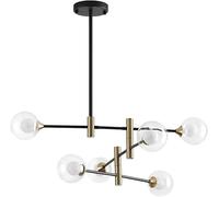 WQHPLMD 6-Light Mid Century Chandelier Black And Gold Pendant Light fixtures with White Glass Shade rotatable Lamp Arms Ceiling Hanging Light for Bedroom Living Dining Room Kitchen