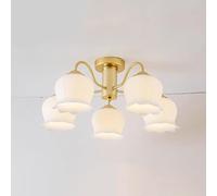 WQHPLMD Farmhouse Gold Semi Flush Mount Decoration Home Ceiling Light Fixture Milk Glass Flower Ceiling Lamp for Bedroom Antique Vintage Close To Ceiling Light Fixtures for Living Room