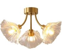 WQHPLMD Flower Flush Mount Ceiling Light Chandelier Ceiling Round Clear Glass And Brass Lights Vintage Gold Dining Room Ceiling Light for Bedroom Kitchen Island Porch Entry Laundry Room