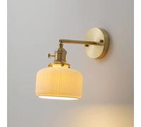 WQHPLMD Japanese White Ceramic Wall Sconce Light with Brushed Brass Frame E27 Adjustable Reading Lamp