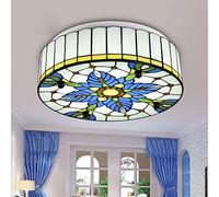 WQHPLMD Machine Glass Flush Mount Ceiling Light 12" Wide Blue Flower Pattern LED Ceiling Lamp with Yellow Beads Hand-Made Art Deco Chandelier for Bedroom, Living Room, Hotel - 12"