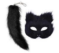 WQHPLMD Mask And Tail Faux Furs Foxes Tail Keychain Cats Mask Cats Wolf Cosplays Costume for Halloween Christmas Party