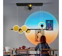WQHPLMD Mid Century Linear Chandelier Ceiling Fan Light with Remote Winter Summer Blue Sunset Projection Lamp Black Gold Ceiling Long, 6 Gear Speed, Dining Room Living Room Bedroom