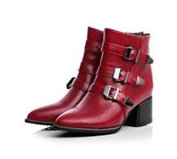 WQHPLMD Winter Boots Round Toe Thick Heel Snow Boots Red Faux PU Buckle Low Suitable for Women's Office Weddings