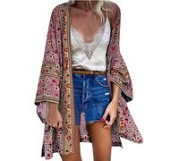 WQHPLMD Women Cardigan Summer Chiffon Cover Up Bohemian Floral Kimono Casual Loose Beach Wear Cover-ups Tops (Color : Argento, Size : M)