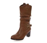 WQHPLMD Women's Boots Winter Warm Thick Heel Shoes Round Toe Pleated Mid Calf Boots Suitable for Daily Leisure Outdoor Daily Sports