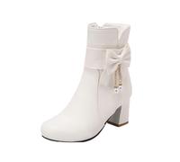 WQHPLMD Women's Chunky Heels Ankle Boots Bow Round Toe Zipper Booties Party Daily Dress Shoes 6.5 CM