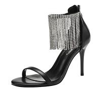WQHPLMD Women's Fringed Rhinestone Sandals Ankle Strap Peep Toe Stiletto High Heel Sandals Tassels Dress Summer Pumps Origin China