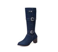 WQHPLMD Women's High Boots Denim Round Toe Low Chunky Heels Boots Casual Winter Dress Travel Shoes 6 CM
