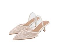 WQHPLMD Women's Kitten Slingback Pumps Sandals Lace Mesh Pointed Toe Bridal Wedding Shoes 6.5 Cm