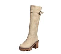 WQHPLMD Women's Knee High Riding Boots Buckle Round Toe Chunky Heel Long Boots Winter Party Dress Shoes 8CM