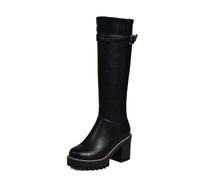 WQHPLMD Women's Knee High Riding Boots Buckle Round Toe Chunky Heel Long Boots Winter Party Dress Shoes 8CM