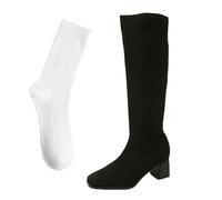 WQHPLMD Women's Low Boots Square Toe Mid Heel Mid Calf Boots Knitted Stretch Skinny Boots Suitable for Leisure Travel in Autumn And Winter