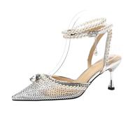 WQHPLMD Women's Pointed Toe Pumps with Pearls Ankle Strap Stiletto Sandals Wedding Bridal Party Shoes 6.5cm,Silver,38