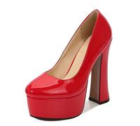 WQHPLMD Women's Pumps Round Toe Platform Patent Leather Shallow Mouth Chunky Heels Solid Color Professional Shoes Suitable for Night Banquet Etiquette Models Catwalk