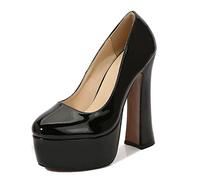 WQHPLMD Women's Pumps Round Toe Platform Patent Leather Shallow Mouth Chunky Heels Solid Color Professional Shoes Suitable for Night Banquet Etiquette Models Catwalk
