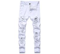 WQZYY&ASDCD Jeans Pantaloni Pantaloni per La Distruzione del Foro Dritto Jeans Strappati Uomo Pantaloni in Denim Uomo Jeans Moda Bianco Jean Uomo 28 Bianco