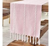 Wracra Runner tavola in Lino di Cotone Stile Agriturismo Runner da tavola Rosa 90cm con Nappe a Mano per Feste, per la Sala da Pranzo, Decorazioni per la tavola da Dessert (Rosa, 90cm)