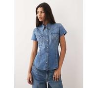 Wrangler - Camicia di jeans stile western lavaggio blu medio con bottoni S