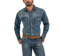 Wrangler - Camicia Western da Uomo, a Maniche Lunghe, Chiusura con Bottone Automatico, Superficie Lavata, Colore Blu