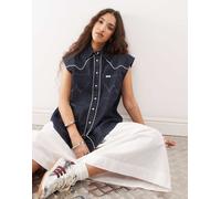 Wrangler - Camicia western senza maniche in denim blu scuro XS