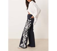 Wrangler - Jeans neri a zampa con ricami floreali anni '70-Nero W28 L32