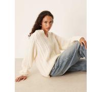 Wrangler - Maglione lavorato a trecce in misto lana écru con scollo a V-Bianco XL