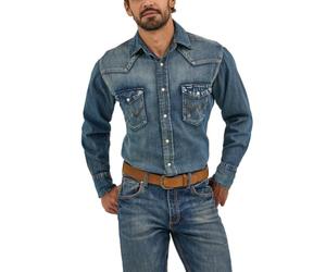 Wrangler Ms71319t - Camicia Western con Taglio Cowboy a Maniche Lunghe, con Chiusura a Scatto, Blu Antico., M