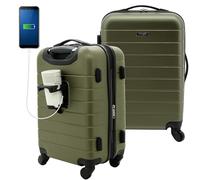 Wrangler Set di valigie Smart Hardside con porta di ricarica USB, Verde oliva, 20-Inch Carry-On, Set di valigie intelligenti con portabicchieri e porta USB