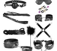 WreGmgg 10 Pezzi Nero Morbido in Pelle Multifunzionale Indoor Fitness Set con Bastone di Piuma E Manette in Pelle, Regalo di Coppia - D-1