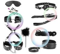 WreGmgg Set da 10 Pezzi (Pelle Nera) Set da Pratica Multiuso in Pelle per Interni, con Manette E Bastone di Piuma - D3