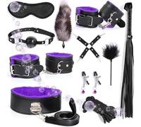 WreGmgg Set di Combinazione di 11 Pezzi di Allenamento Stretching Indoor in Pelle Viola, tra Cui Manette, Manette alla Caviglia E Bastoni di Piuma - D14
