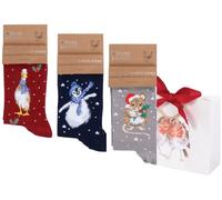 Wrendale Designs Festive Socks - Set di 3 paia di topolino e pinguini, Rosso Navy Grigio, Etichettalia unica