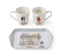 Wrendale Designs Set di tazze e vassoio natalizi "No Place Like Home" con motivi di cani e gatti