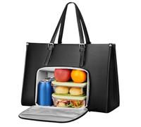 WREWING Borsa tote per computer portatile da donna con scomparto per il pranzo isolato, borsa da lavoro in pelle PU da 15,6 pollici, a prova di perdite, per ufficio e scuola, manico regolabile, nero