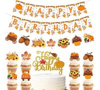 WREWING Decorazioni per il Ringraziamento e buon compleanno, ghirlanda autunnale con zucca arancione, tacchino, foglie d'acero da appendere, spirali filanti