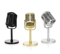 WRINGKIT Confezione da 3 accessori per microfono retrò, modello classico vintage per microfono con supporto, decorazione per microfono in plastica, giocattolo per costume antico per feste, oro,