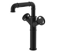 WRISCG Rubinetto lavabo Vintage Steampunk Stile con Maniglia Doppia Ruota, per Acqua Calda e Fredda, Industria Design, monoforo, VOMI Resistente (Nero), per Il Bagno lavandino Cucina dell'hotel,A