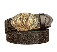 WRJAHCG Cintura Uomo Cricco, Cinture da Cowboy Occidentale, Cintura in Pelle con Fibbia in Lega Ovale con Testa Pecora 3D Cintura in Rilievo Vintage,Black a,120CM/47.3''