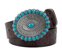 WRJAHCG Cintura Uomo Pelle, Cintura da Uomo Cowboy Western, Cintura da Occidentale denim intagliata in rilievo vintage con fibbia turchese,Marrone,100CM/39.4''