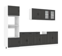 WRJENFSC Set da cucina Kalmar nero, 7 pezzi, moderno set di mobili da cucina in legno, con mobiletto sottolavello, pensile con vetro, mobili da cucina e pannello per lavastoviglie