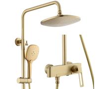 WRKMH Colonna Doccia Oro Spazzolato Set Doccia con Soffione e Doccetta, 3 Funzionale Kit Doccia Montato a Parete Soffione Doccia Completo con 3 Funzionale Doccetta