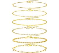 Wrlcorly Cavigliere da donna in acciaio inox placcato oro 18 carati, impermeabili, a spina di pesce, con perline a spina di pesce, con perline e clip di carta, scatola da tennis, catena cubana rolò