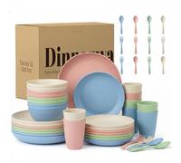 Wrova Set da tavola in plastica riutilizzabile, 48 pezzi, con forchette e cucchiai, servizio da tavola per 8 persone, tazze, ciotole, piatti e posate, set di piatti infrangibili, per cucina, microonde